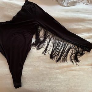 Black One Shoulder Tassle Bodysuit